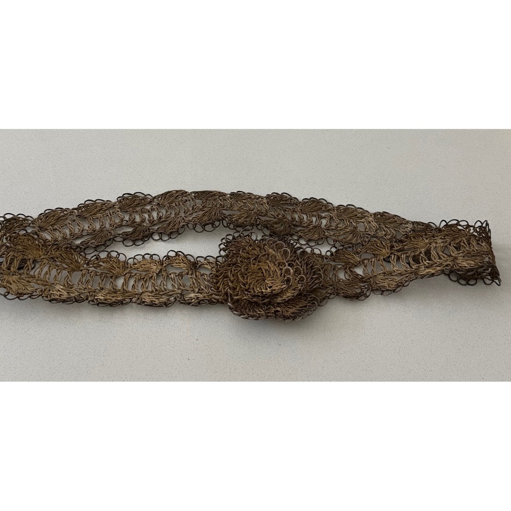 Vintage Bronze Metallic Woven Sash Belt with Large Floral Rosette Pin Wide Boho